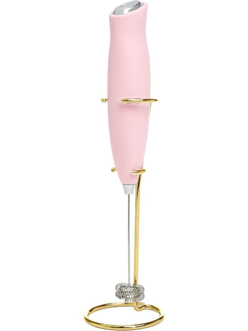 Electric Handheld Milk Frother with Double Coil Whisk & Gold Stand - Pink